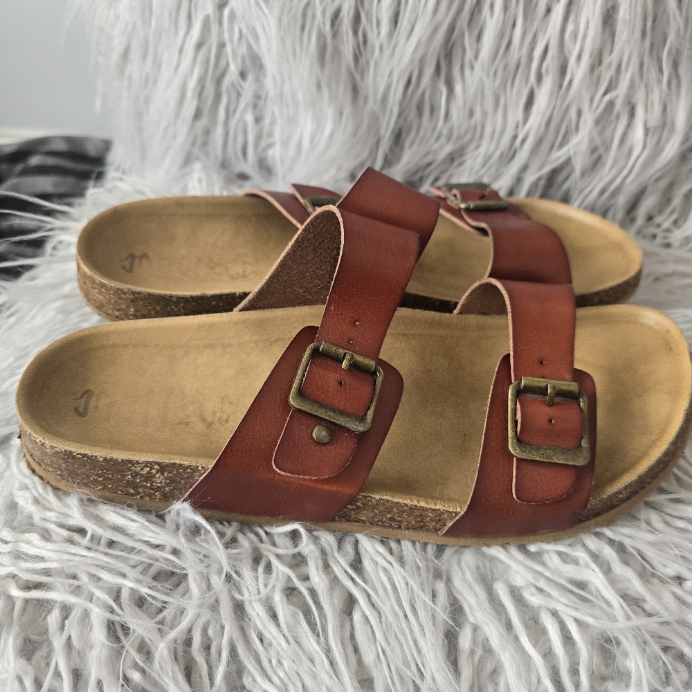 Mad Love Brown Leather Double Buckle Sandals - Picture 2 of 8